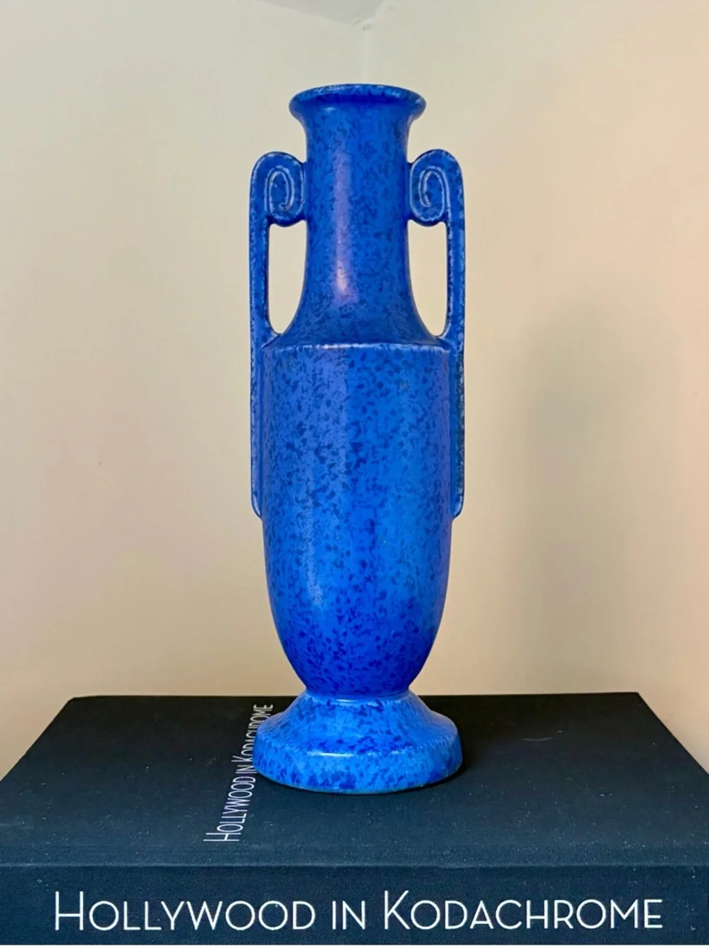 Vintage Czech Pottery Amphora Vase Mottled Cobalt Blue Glaze Scroll Handles MCM
